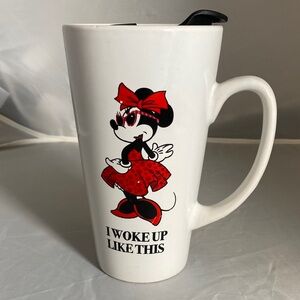 Minnie Mouse Red and Black Ceramic Mug I WOKE UP LIKE THIS. Small scratch read